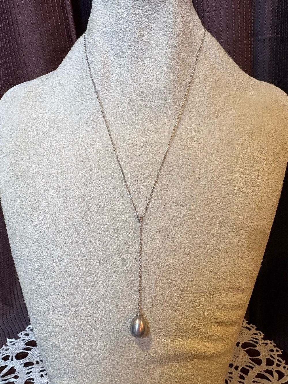 Sterling Silver Pearl Teardrop Lariat Necklace